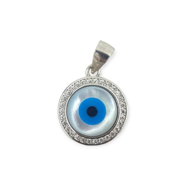 925 Sterling Silver Pendant with Round Shape Evil-Eye and Zerkons